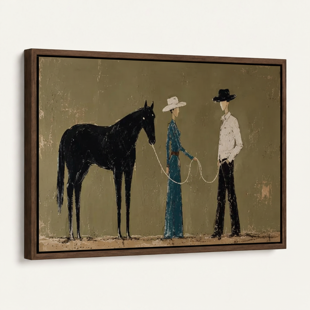 Black horse and couple canvas wall art in a thin wood frame shown at an angle