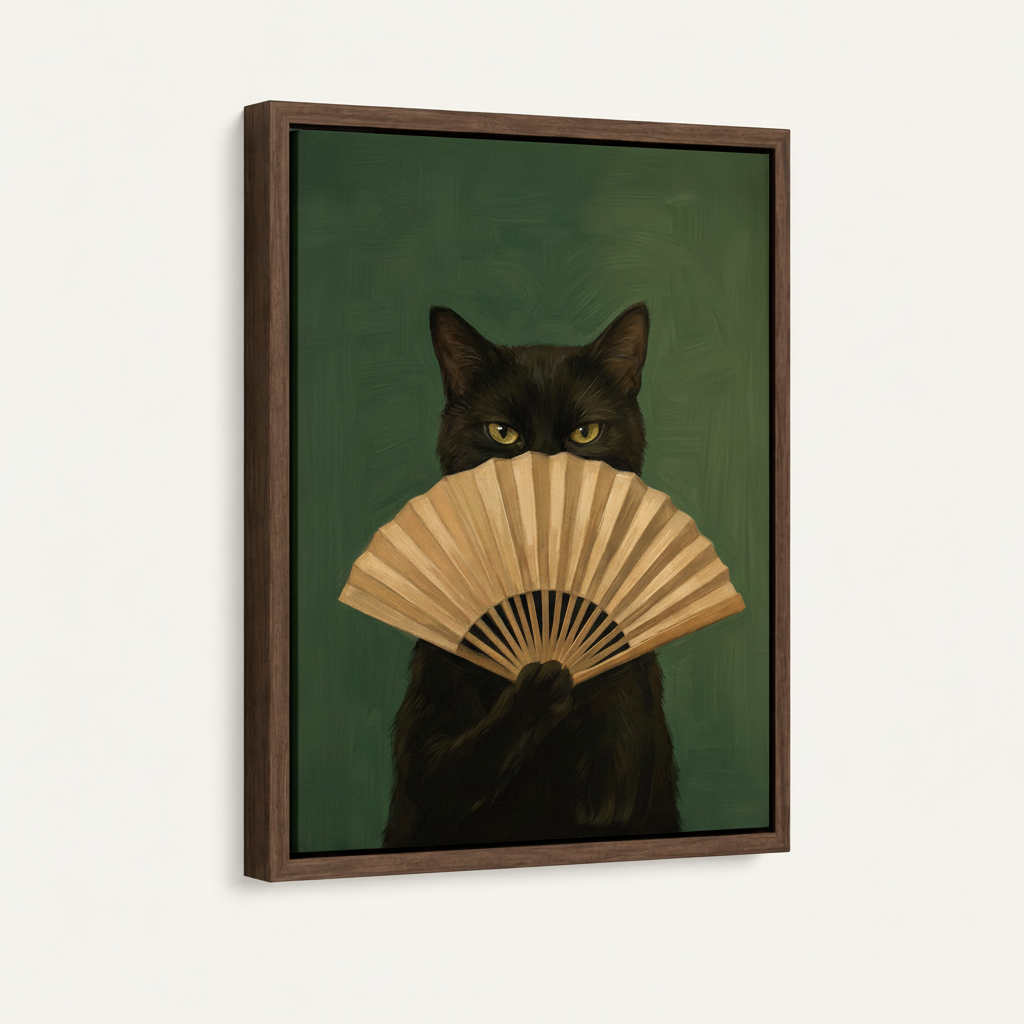 Framed mysterious black cat fan canvas in dark walnut floating frame 3/4 angle on white background