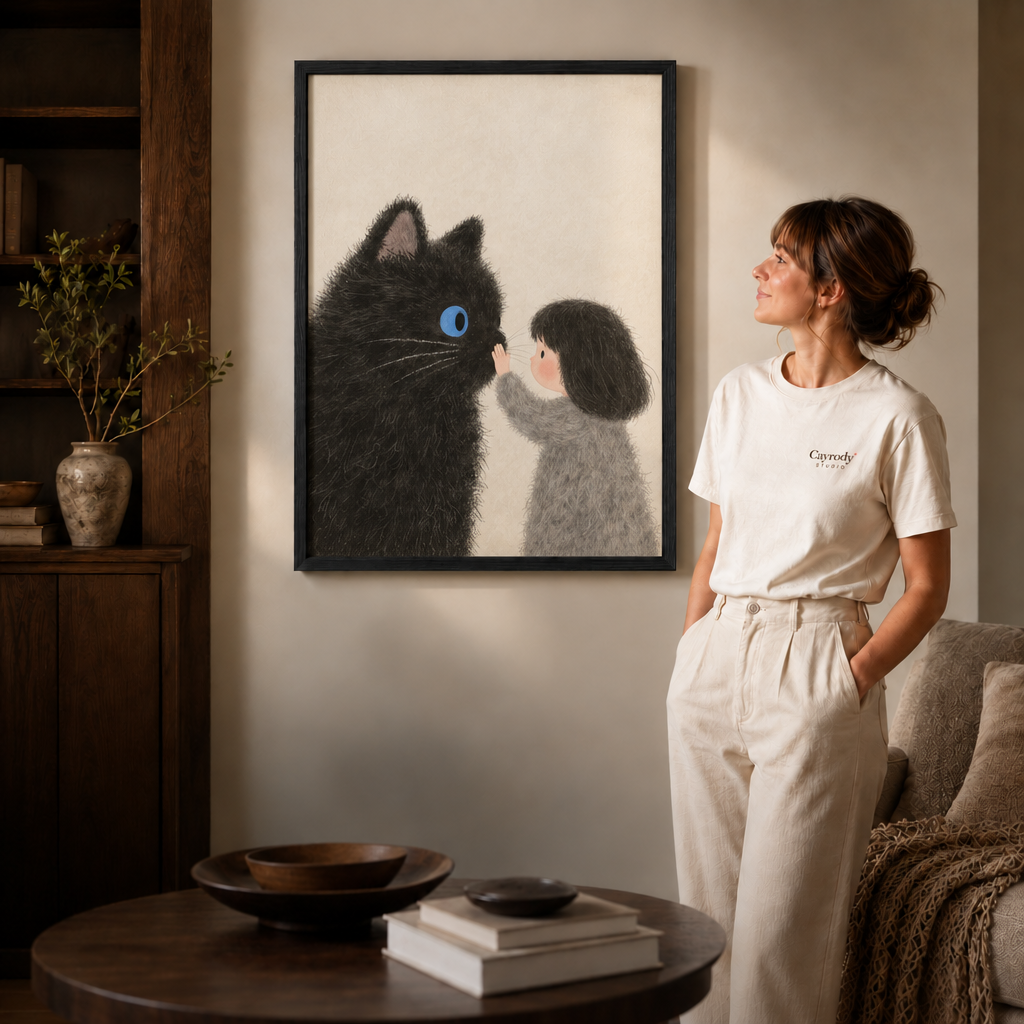Woman admiring a thin black framed fluffy black cat and little girl artwork in a cozy modern living room.