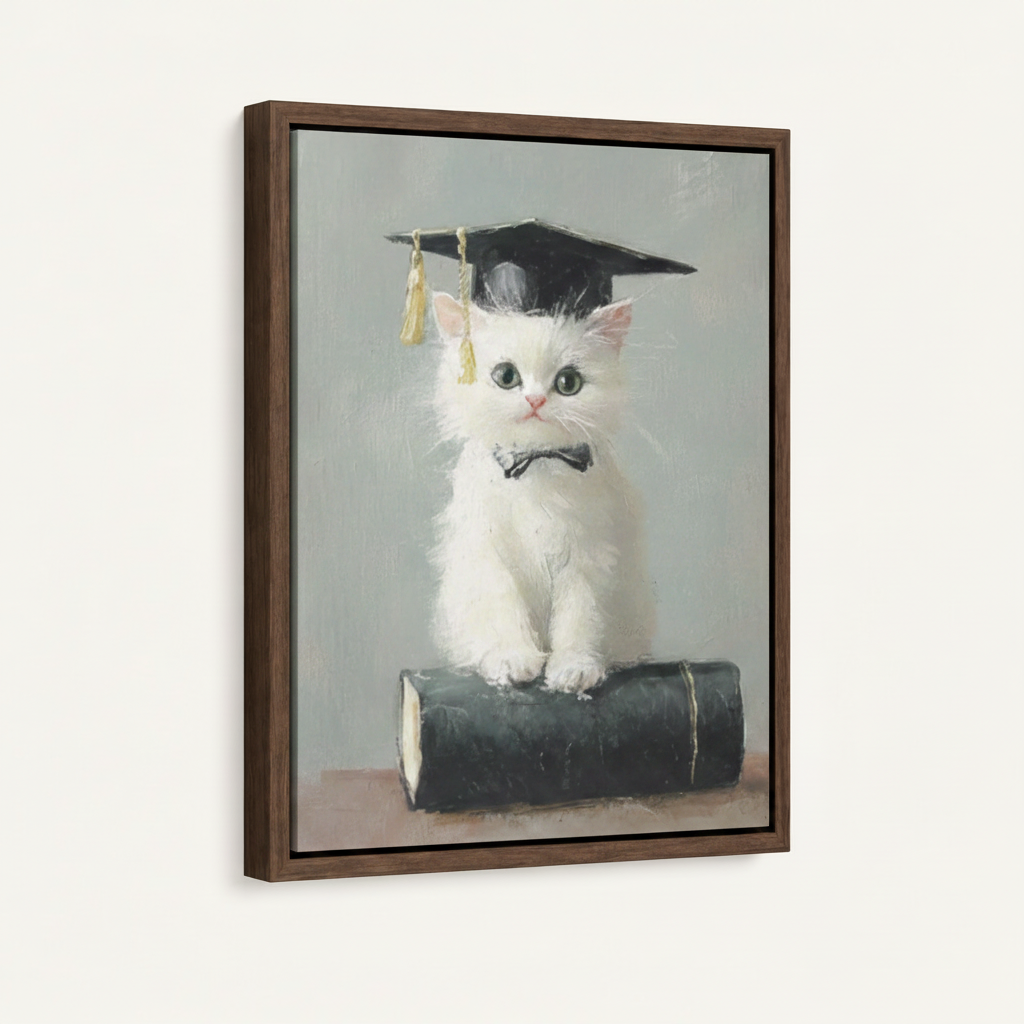 Close-up of scholar cat canvas in walnut floater frame showing diploma and bow tie detail