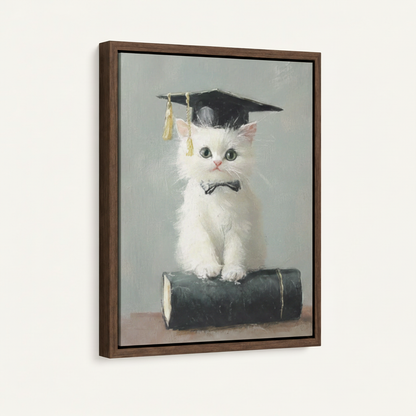 Close-up of scholar cat canvas in walnut floater frame showing diploma and bow tie detail