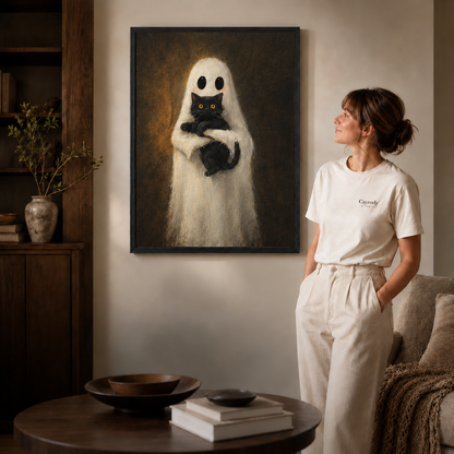 Black-framed ghost holding a black cat portrait styled in a cozy neutral living room.