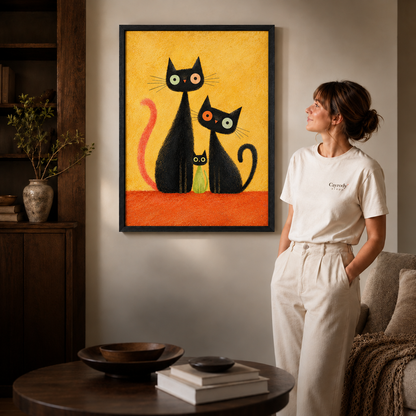 Black framed cat canvas wall art featuring three cats beside a woman in a bright living room.