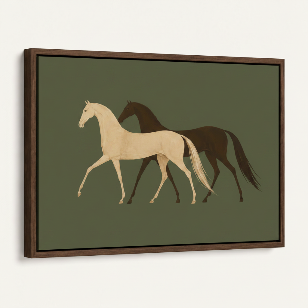 Framed minimalist horse canvas with dark walnut float frame at 45-degree angle on white background