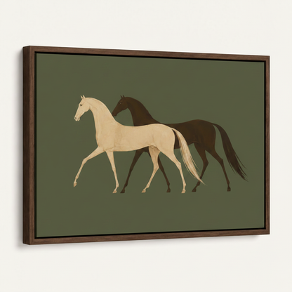 Framed minimalist horse canvas with dark walnut float frame at 45-degree angle on white background