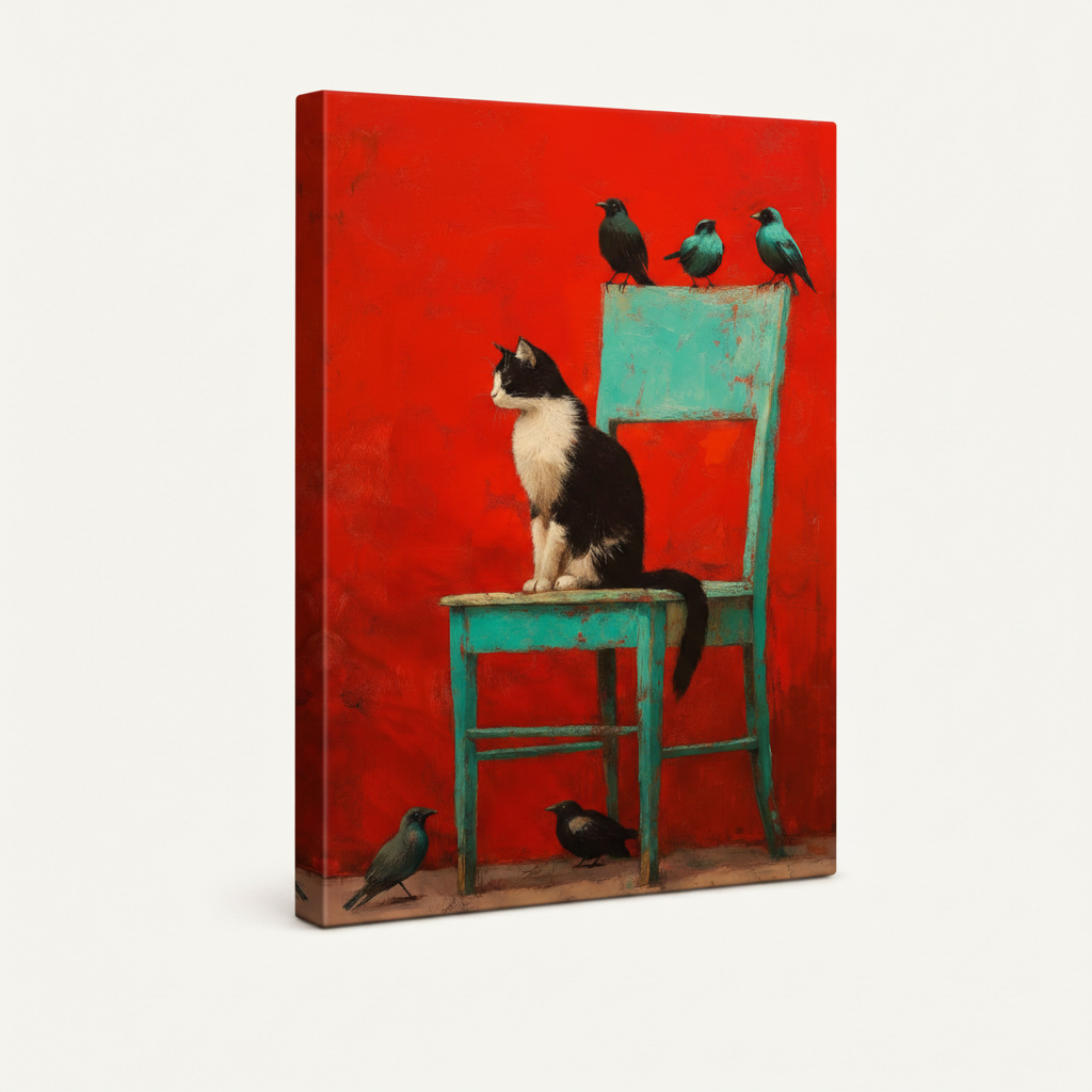 Gallery-wrapped cat and birds folk art canvas print shown at three-quarter angle on white background