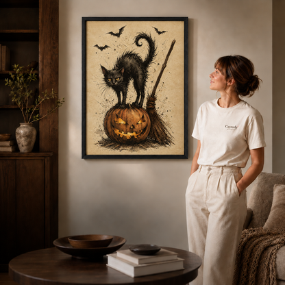 Halloween black cat artwork in a black frame beside a woman dressed in white.