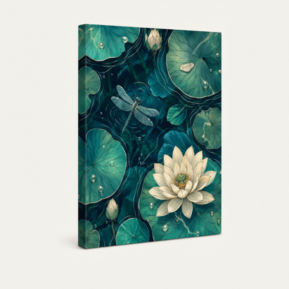 Gallery wrapped lotus dragonfly canvas print shown at angle on white background