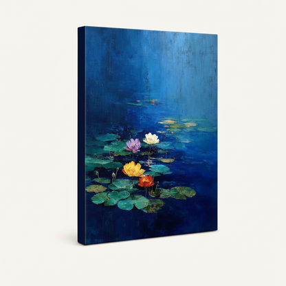 Gallery-wrapped water lily impressionist canvas print on white background, angled 3/4 side view