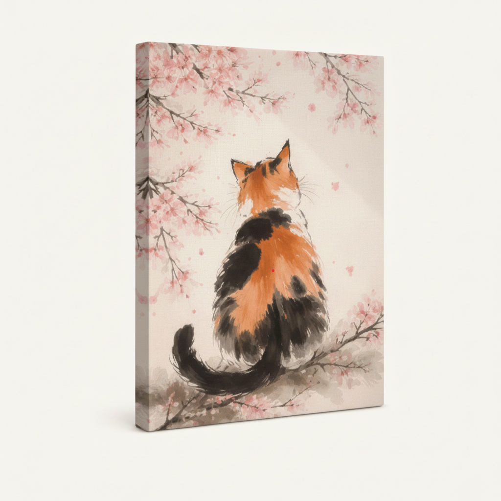 Gallery-wrapped canvas side view of calico cat ink wash art with floating cherry blossoms