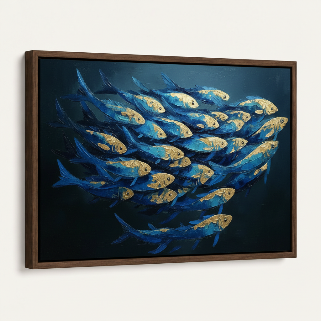 Blue gold fish impasto canvas print in dark walnut float frame angled product view white background