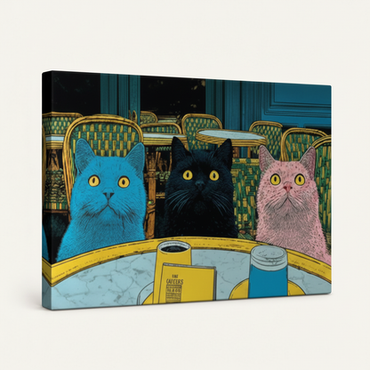 Gallery-wrapped three cats Parisian cafe canvas art showing side wrap detail