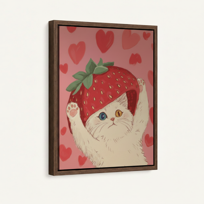 White cat strawberry hat odd eyes kawaii canvas in wide dark walnut float frame 3/4 angle product mockup on cream background