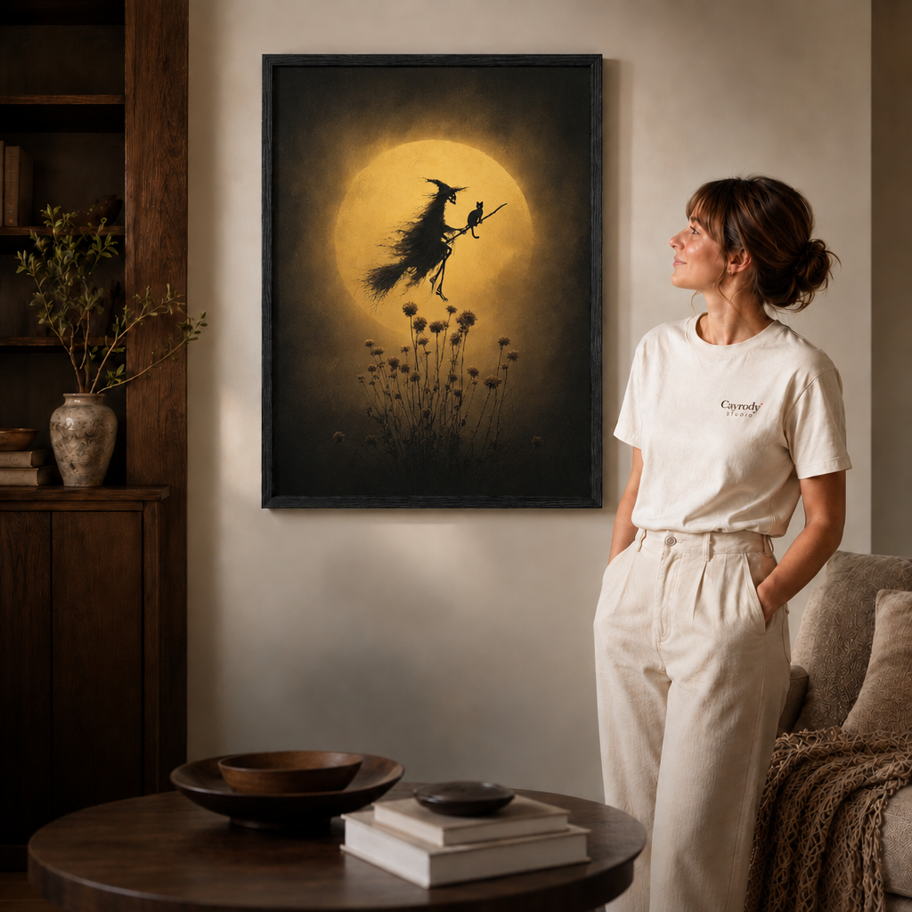 Black-framed mystical witch wall art with a glowing moon displayed beside a woman in white and a coffee table.