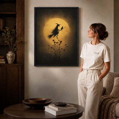 Black-framed mystical witch wall art with a glowing moon displayed beside a woman in white and a coffee table.