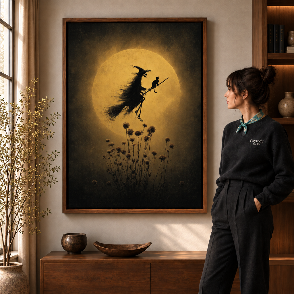 Mystical witch wall art with a glowing golden moon displayed above a sideboard beside a woman in black.