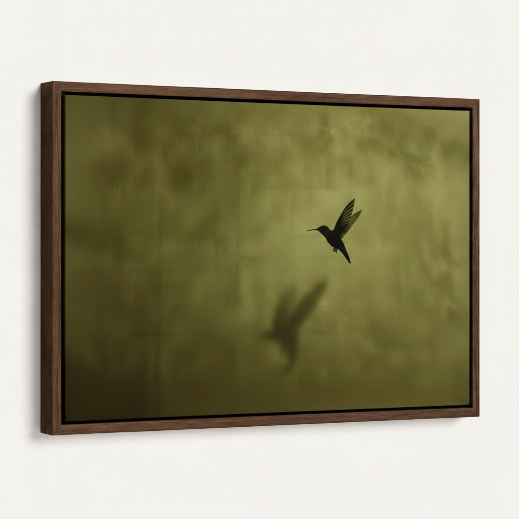 Framed canvas print of hummingbird silhouette on olive green background, dark walnut float frame