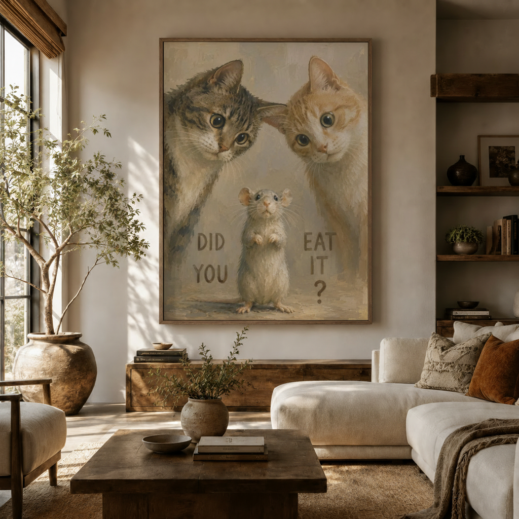 Funny two cats mouse vintage humor canvas in walnut frame above rustic sideboard in warm cozy living room