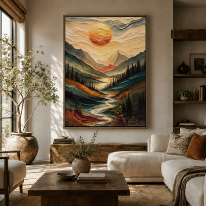 Bold mountain sunset textured landscape canvas displayed above sideboard in warm modern living room