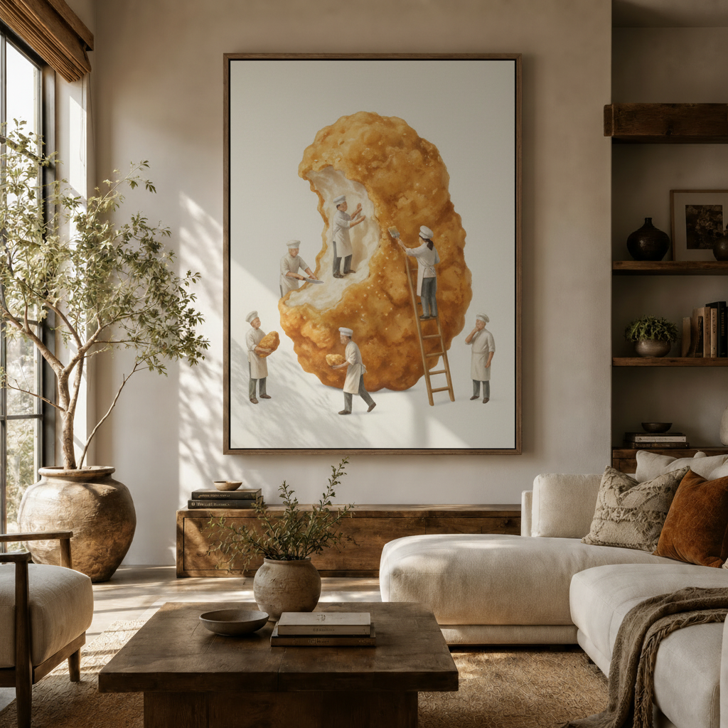 Funny fried chicken whimsical canvas in medium walnut frame above rustic wood sideboard in warm living room