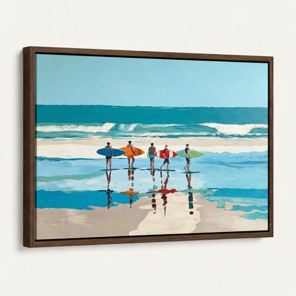 Framed surfers beach canvas print in dark walnut float frame, angled product view