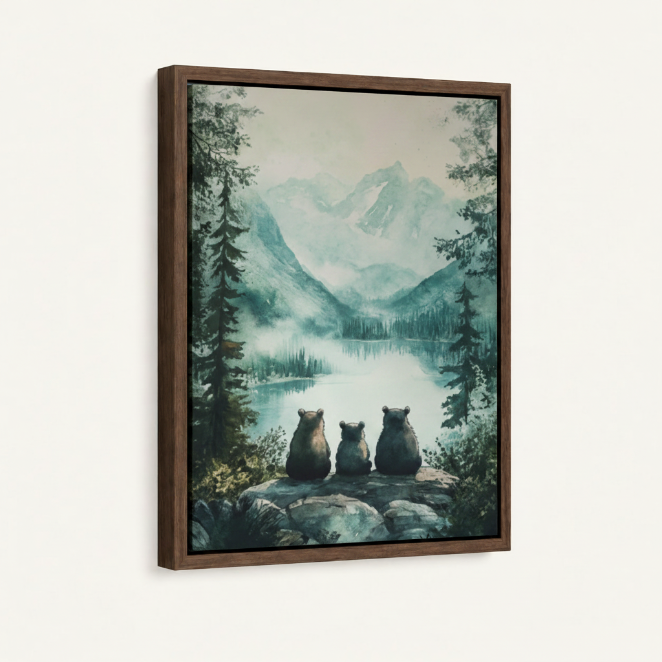 Watercolor bear mountain art in dark walnut float frame, angled product view on off-white background