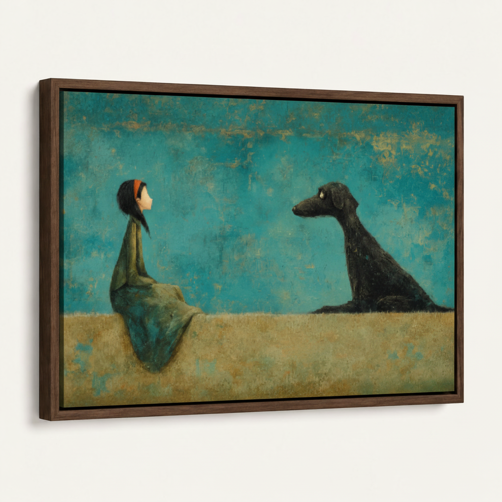 Framed canvas wall art of a girl facing a black dog, dark walnut float frame, angled product view