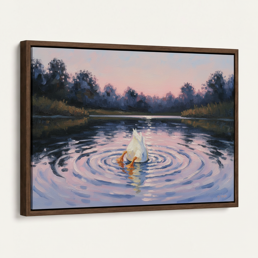Duck lake impressionist oil painting in dark walnut float frame angled product view white background