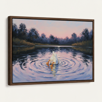 Duck lake impressionist oil painting in dark walnut float frame angled product view white background