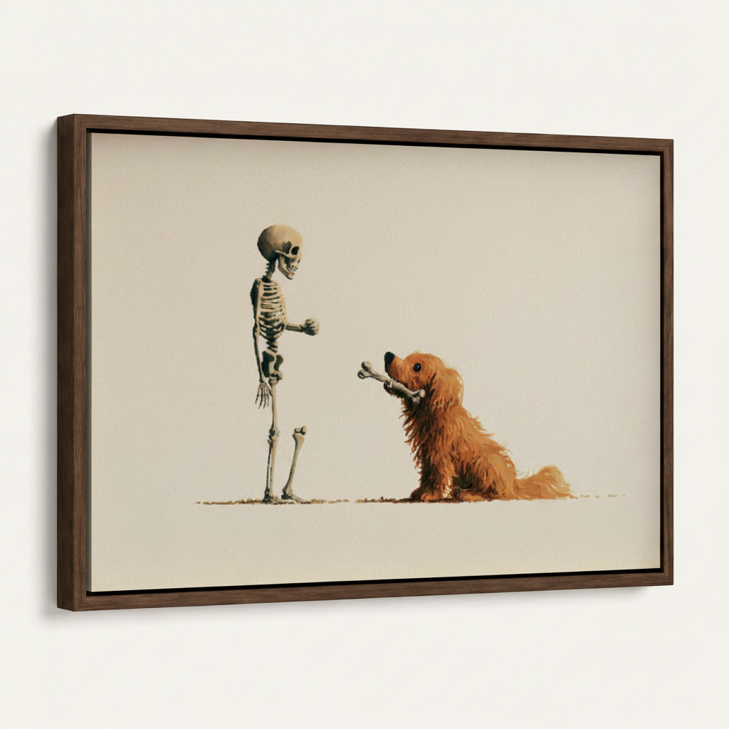  Skeleton and dog funny canvas print in thick dark walnut frame, angled product view on white background
