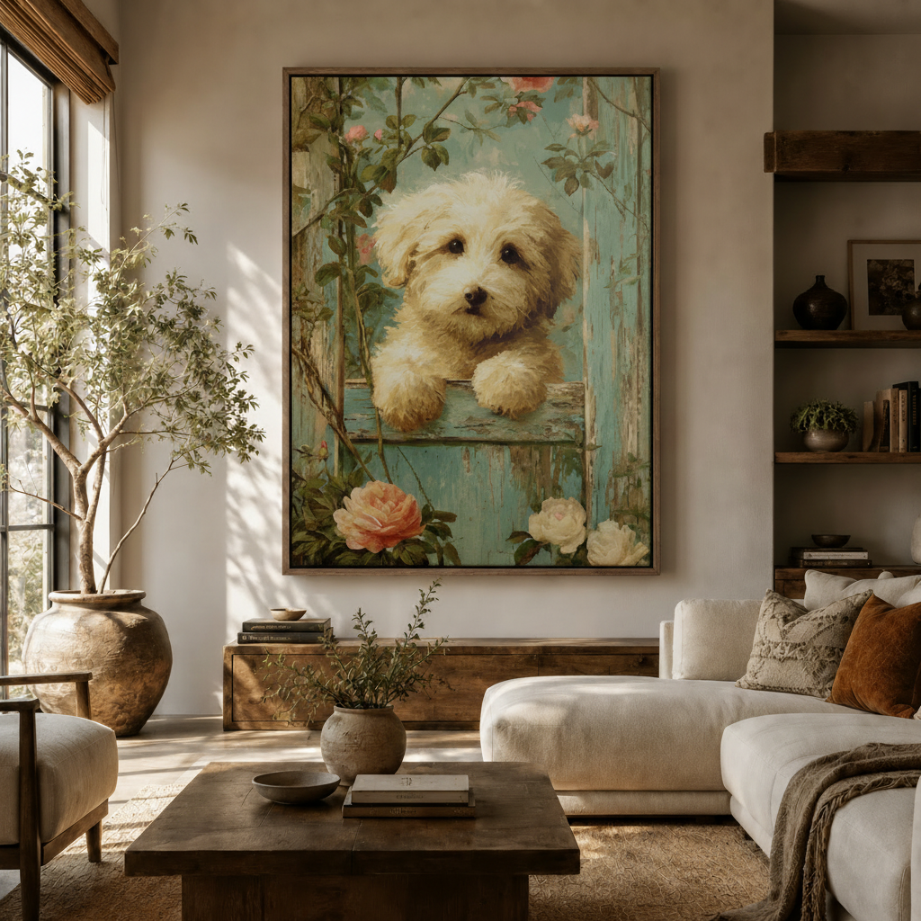 Romantic puppy rose garden vintage canvas wall art hanging in warm modern living room with olive tree