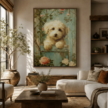 Romantic puppy rose garden vintage canvas wall art hanging in warm modern living room with olive tree