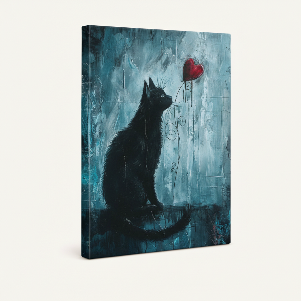Gallery-wrapped moody black cat and red heart oil painting canvas, angled view showing deep teal wrapped edges on white background