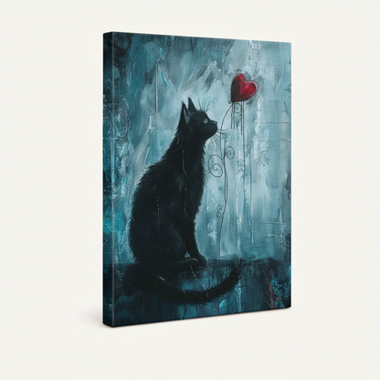 Gallery-wrapped moody black cat and red heart oil painting canvas, angled view showing deep teal wrapped edges on white background