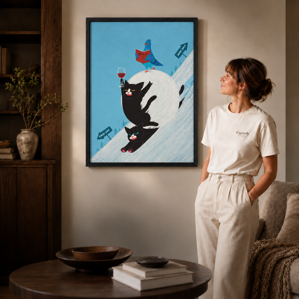 Woman admiring a thin black framed grumpy calico cat artwork with arms crossed in a cozy modern living room.
