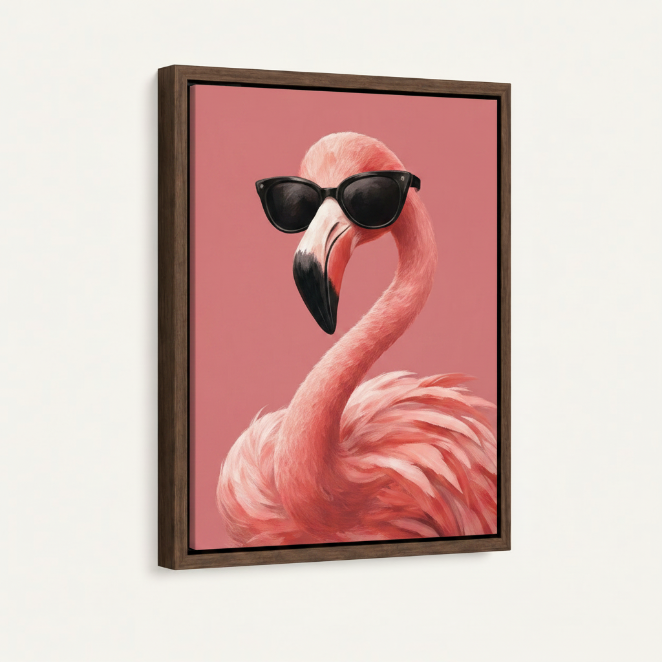 Dark walnut framed flamingo sunglasses canvas art product mockup on white background at left-angle view