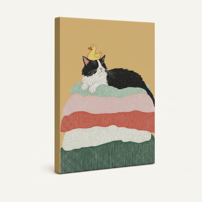 Gallery-wrapped cat canvas print angled product view on cream background, no frame