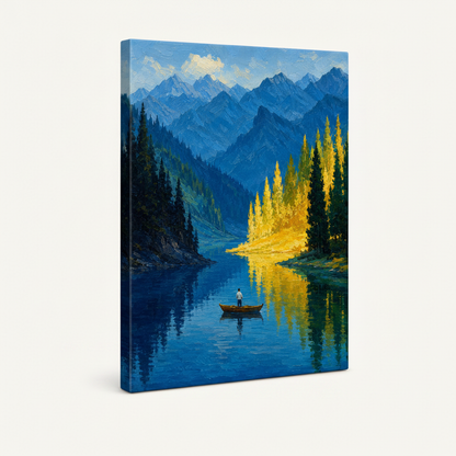 Gallery wrapped impressionist mountain lake canvas angled product shot on white background