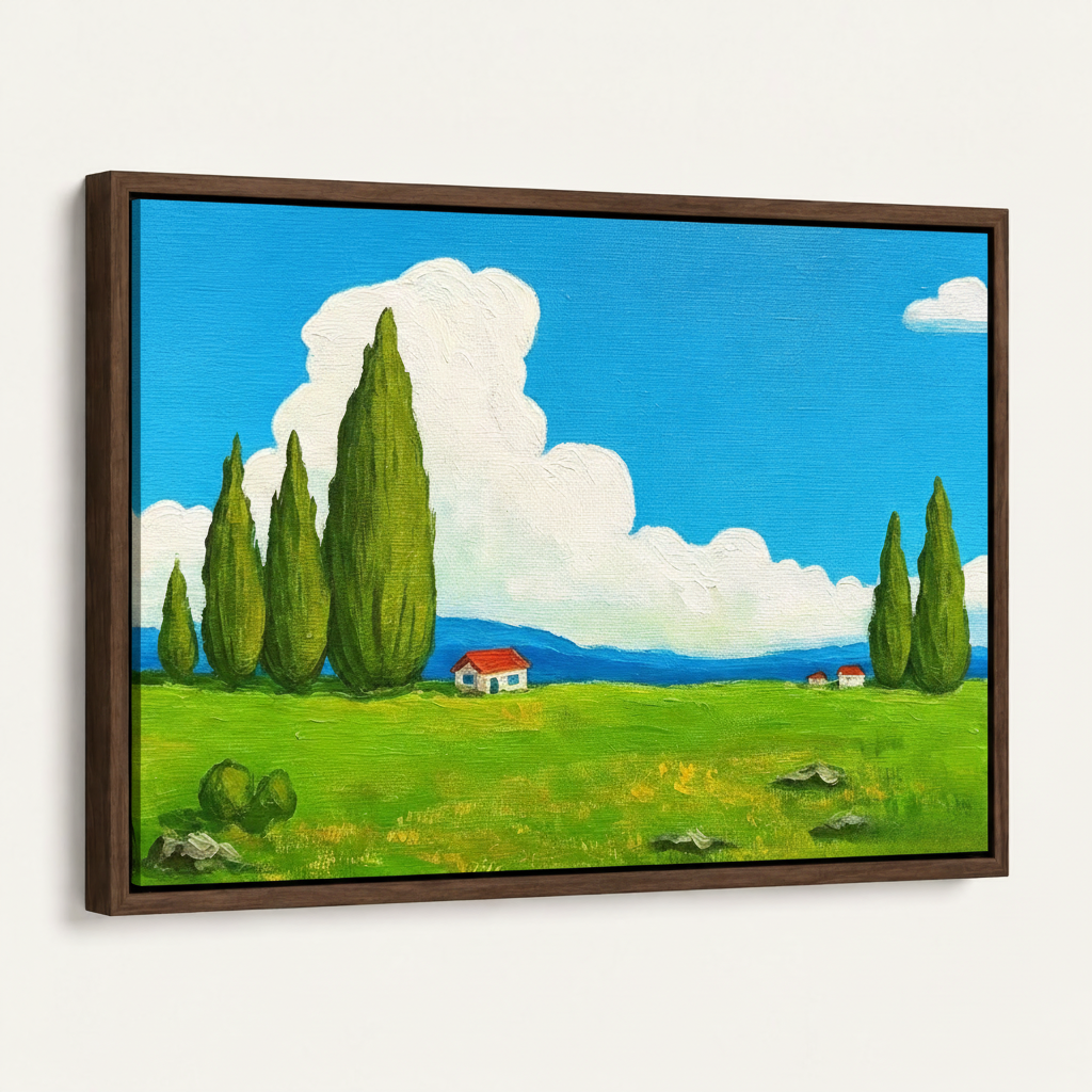 Dark walnut float-framed Tuscan landscape oil painting canvas, angled product view on white background