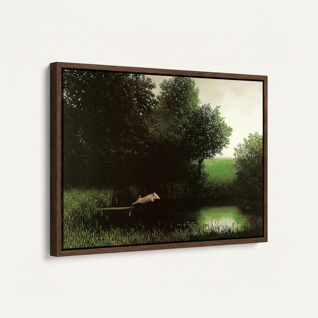 Dark walnut floating frame canvas with whimsical pig pond painting, angled product view