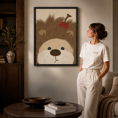 Woman admiring a thin black framed fluffy brown dog with a red apple artwork in a cozy modern living room.