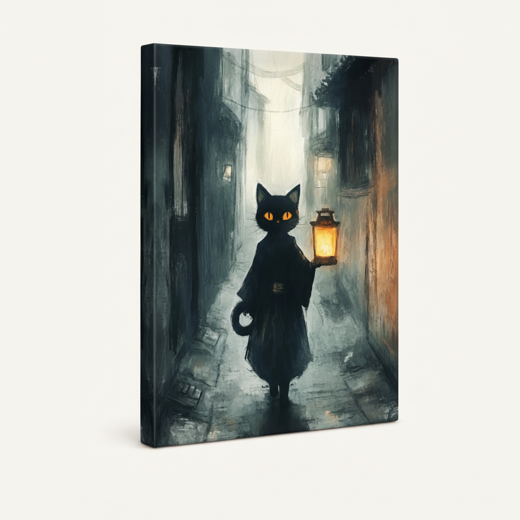 Gallery-wrapped canvas of black cat holding lantern in misty alley, angled side view on white background