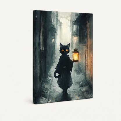 Gallery-wrapped canvas of black cat holding lantern in misty alley, angled side view on white background