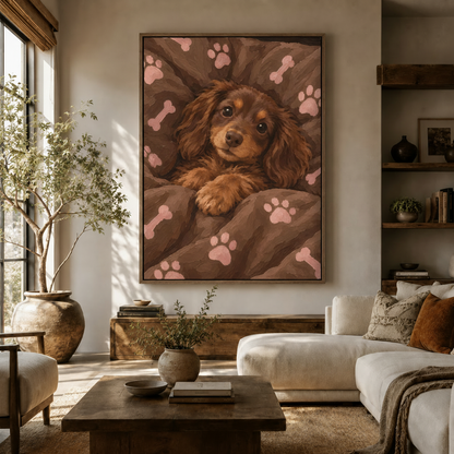 Large cozy dog portrait impasto canvas wall art hung above sideboard in warm modern living room