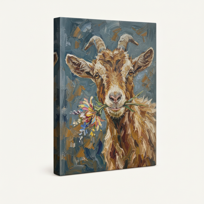 Gallery-wrapped goat canvas print shown at 3/4 angle on white background, no frame, side edges visible