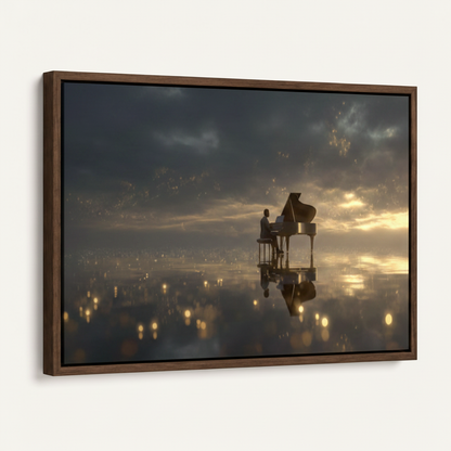 Framed canvas wall art of a pianist at golden twilight on reflective water, dark walnut floater frame, white background side angle view