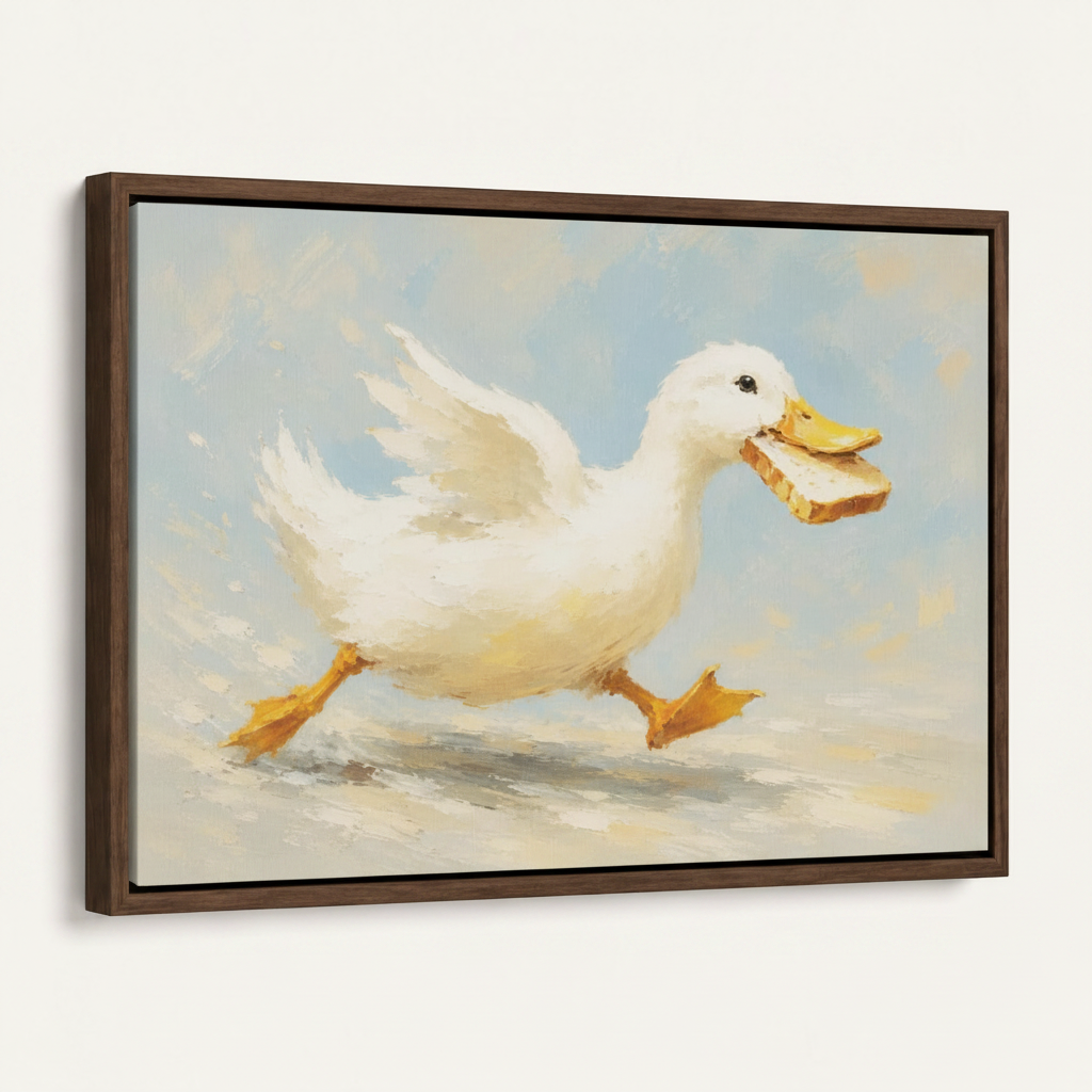 Framed whimsical duck canvas print with dark walnut float frame angled product view