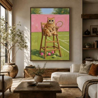 Retro cat tennis umpire chair illustration canvas in walnut frame above rustic sideboard in warm living room