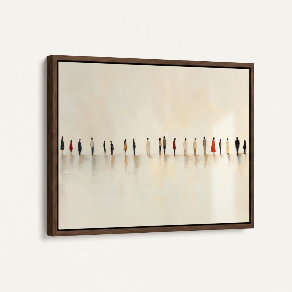 Dark walnut floating frame canvas with minimalist people painting, angled studio product view