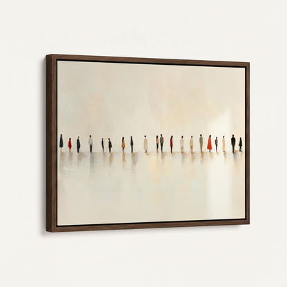 Dark walnut floating frame canvas with minimalist people painting, angled studio product view